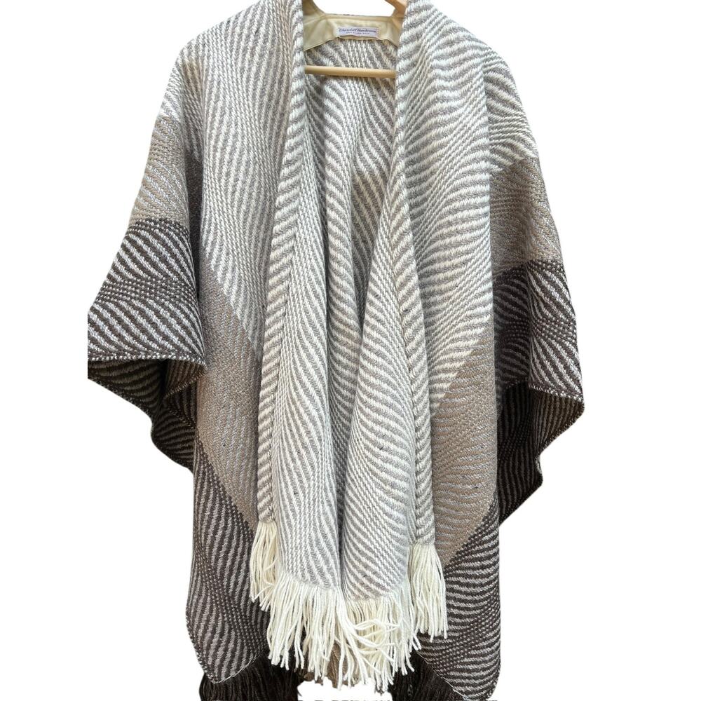 Churchill Handwoven Wool Fringe Wrap Poncho Shawl | Brown Grey *EUC* - Picture 2 of 16